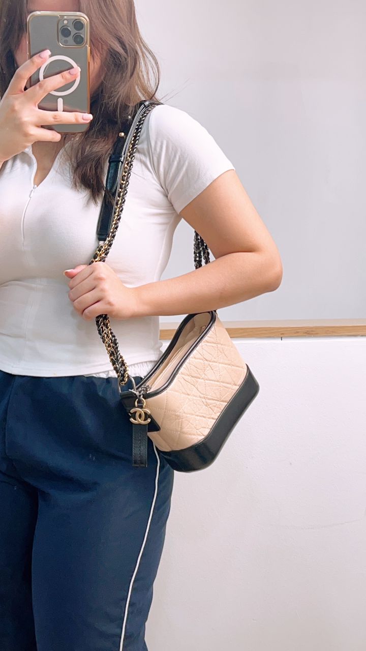 Chanel Beige Black Aged Calfskin Quilted Small Gabrielle Hobo