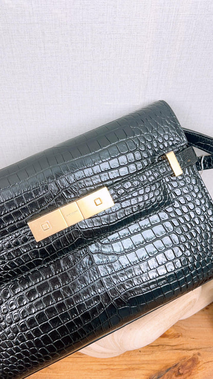 YSL Black Small Croc Embossed Small Manhattan