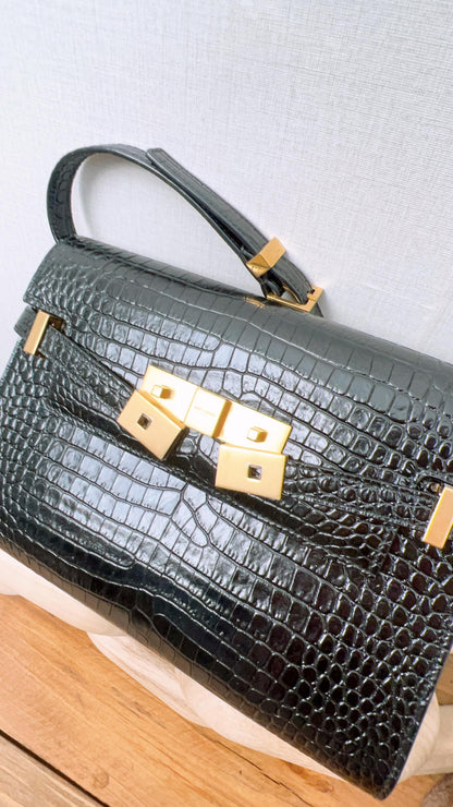 YSL Black Small Croc Embossed Small Manhattan