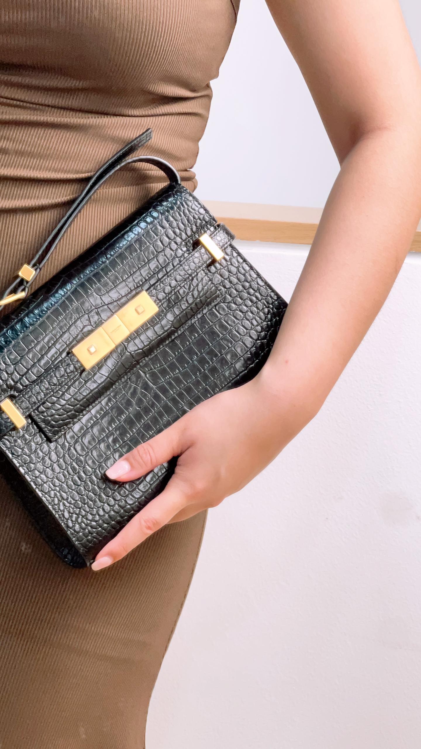 YSL Black Small Croc Embossed Small Manhattan