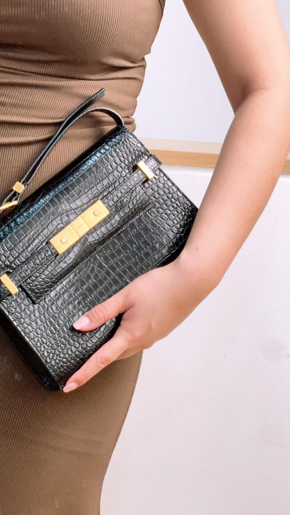 YSL Black Small Croc Embossed Small Manhattan