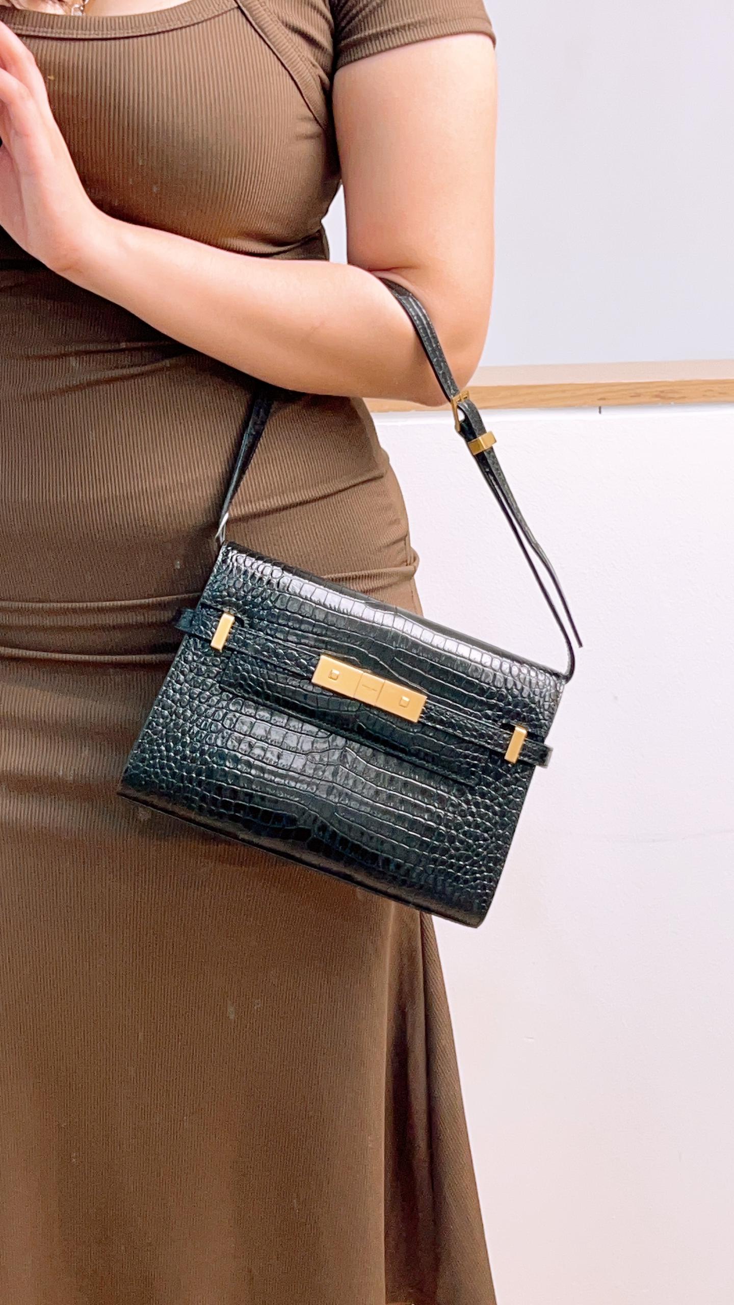YSL Black Small Croc Embossed Small Manhattan