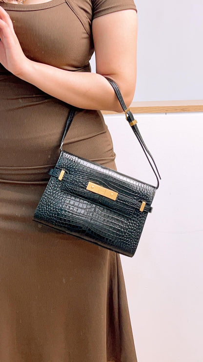 YSL Black Small Croc Embossed Small Manhattan