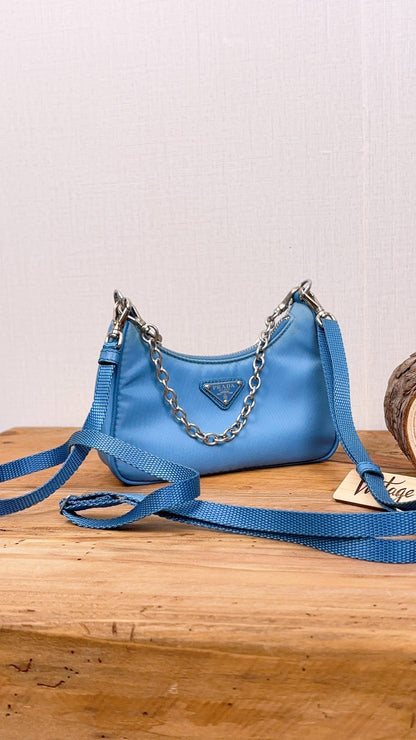 Prada Blue Nylon Re-edition 2000 Mini Hobo Bag