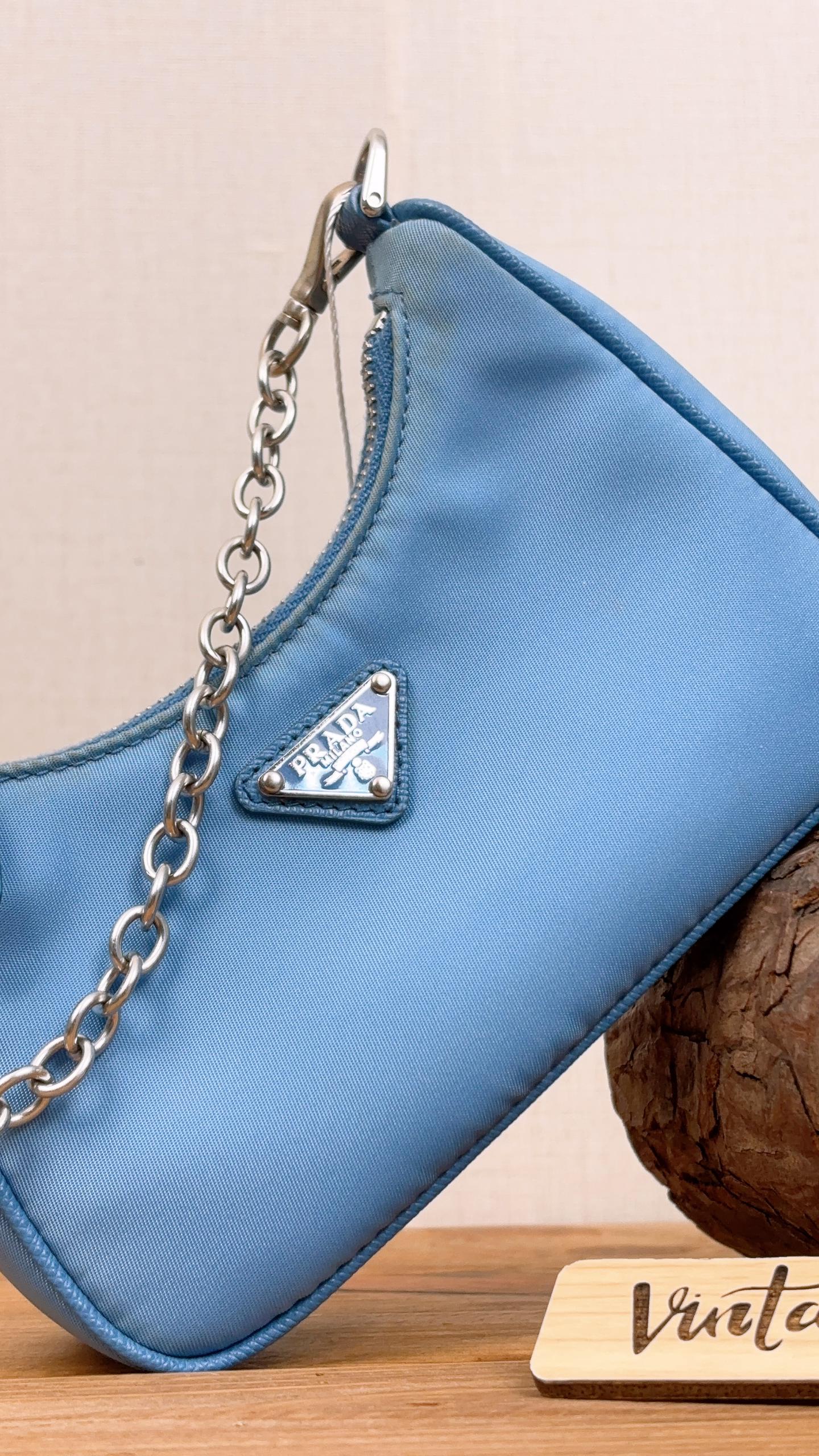 Prada Blue Nylon Re-edition 2000 Mini Hobo Bag