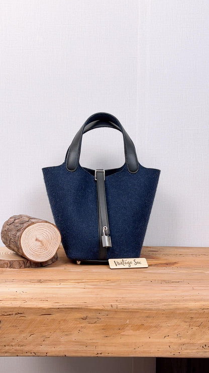 Hermes Navy Felt Picotin 18 (PHW)