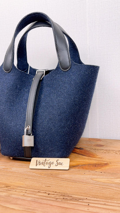 Hermes Navy Felt Picotin 18 (PHW)