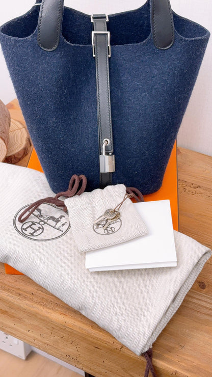 Hermes Navy Felt Picotin 18 (PHW)