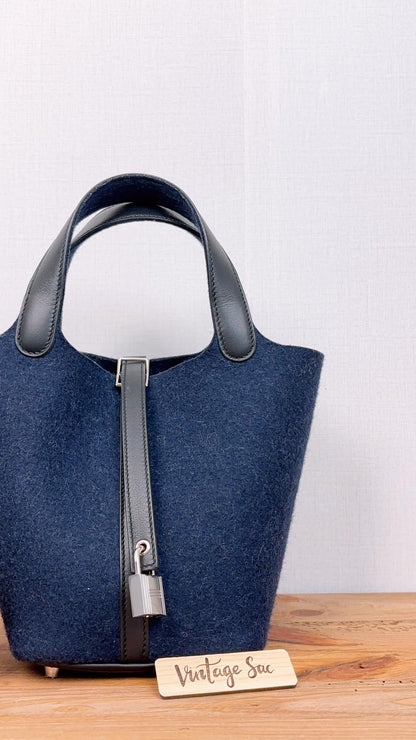 Hermes Navy Felt Picotin 18 (PHW)