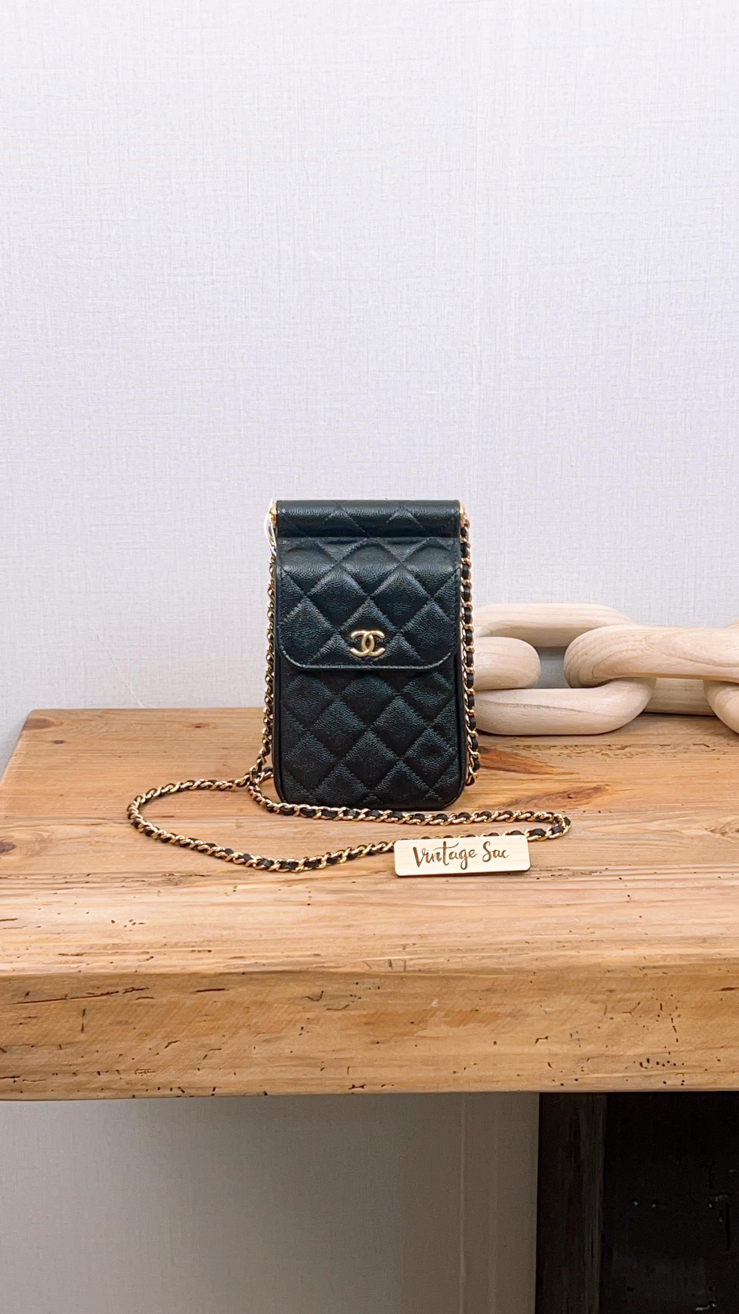 Chanel Black Caviar Vertical Phone Bag (GHW)