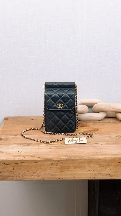 Chanel Black Caviar Vertical Phone Bag (GHW)