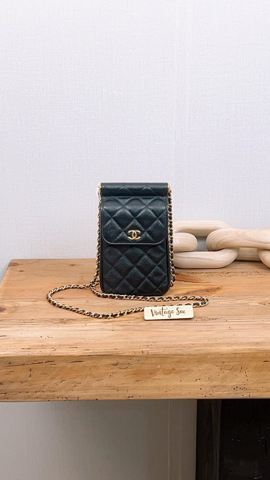 Chanel Black Caviar Vertical Phone Bag (GHW)
