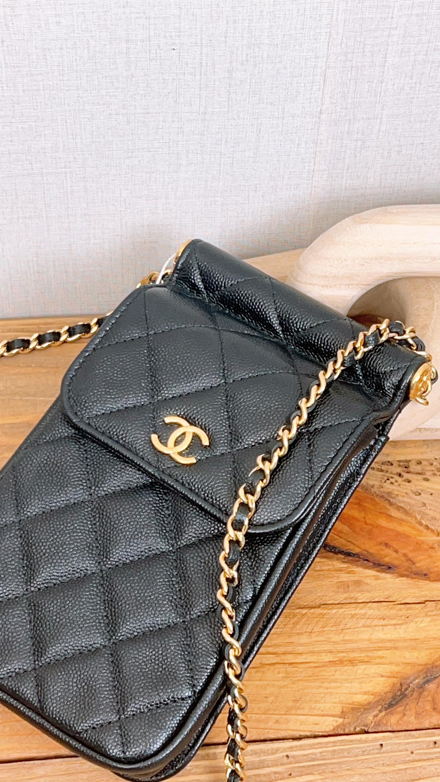 Chanel Black Caviar Vertical Phone Bag (GHW)