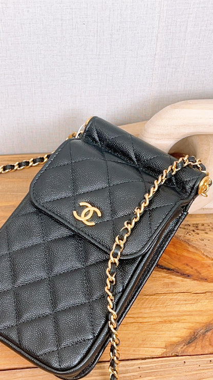 Chanel Black Caviar Vertical Phone Bag (GHW)
