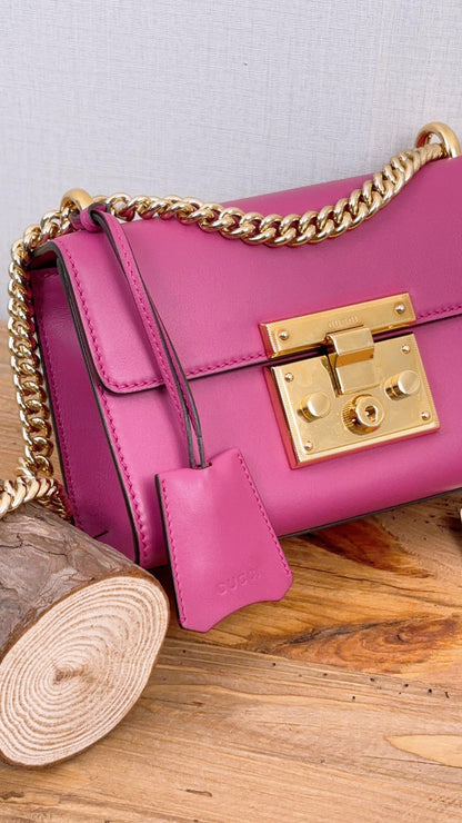 Gucci Fuchsia Purple Calfskin Small Padlock Shoulder Chain Bag (GHW)