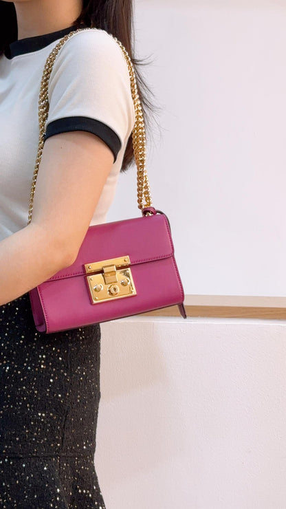 Gucci Fuchsia Purple Calfskin Small Padlock Shoulder Chain Bag (GHW)