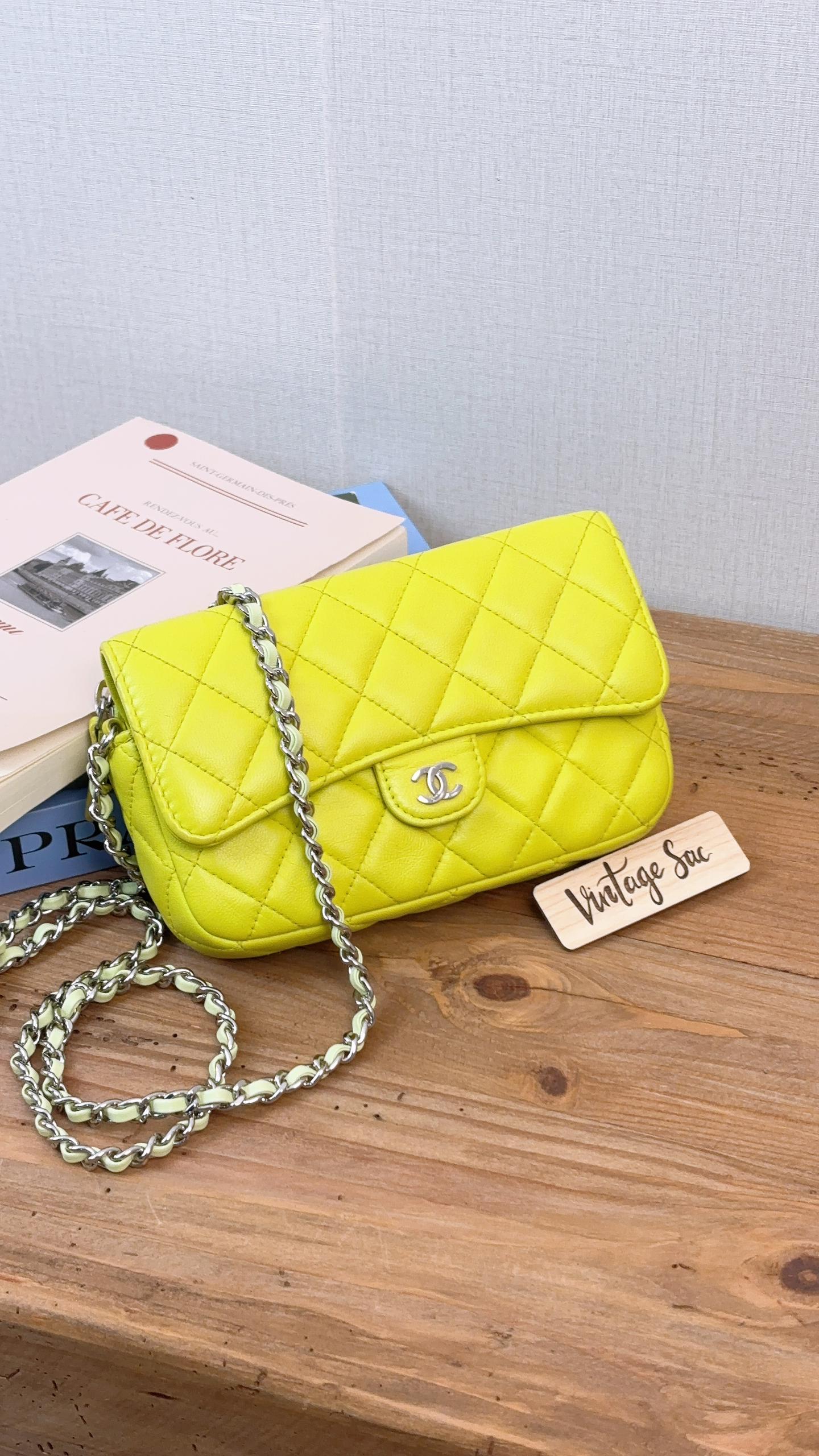 Chanel Neon Green Lambskin Phone Holder with Chain (SHW)