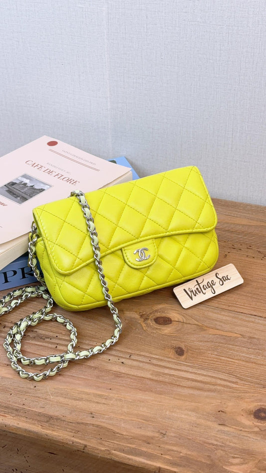 Chanel Neon Green Lambskin Phone Holder with Chain (SHW)