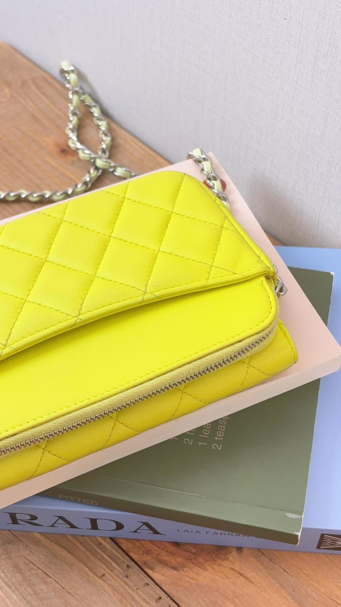 Chanel Neon Green Lambskin Phone Holder with Chain (SHW)