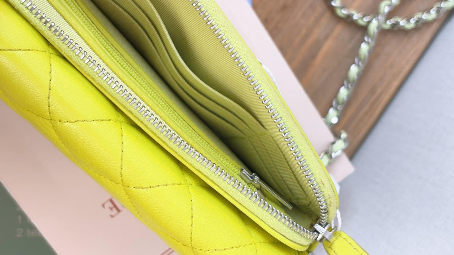 Chanel Neon Green Lambskin Phone Holder with Chain (SHW)