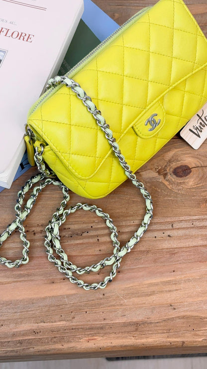 Chanel Neon Green Lambskin Phone Holder with Chain (SHW)