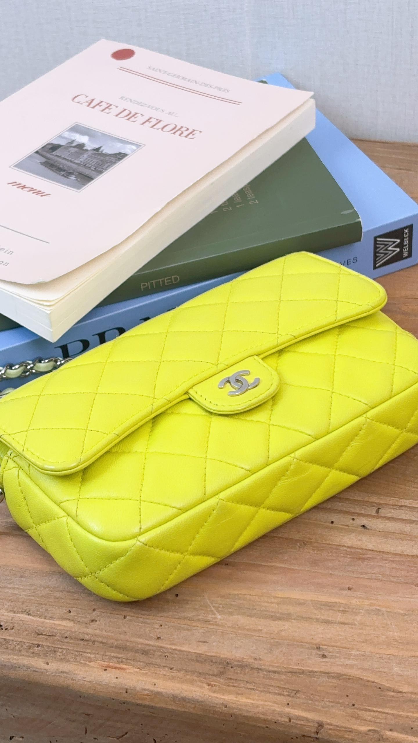 Chanel Neon Green Lambskin Phone Holder with Chain (SHW)