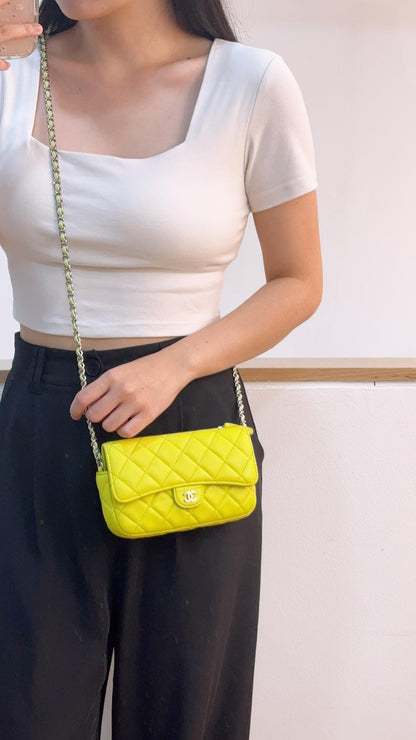 Chanel Neon Green Lambskin Phone Holder with Chain (SHW)