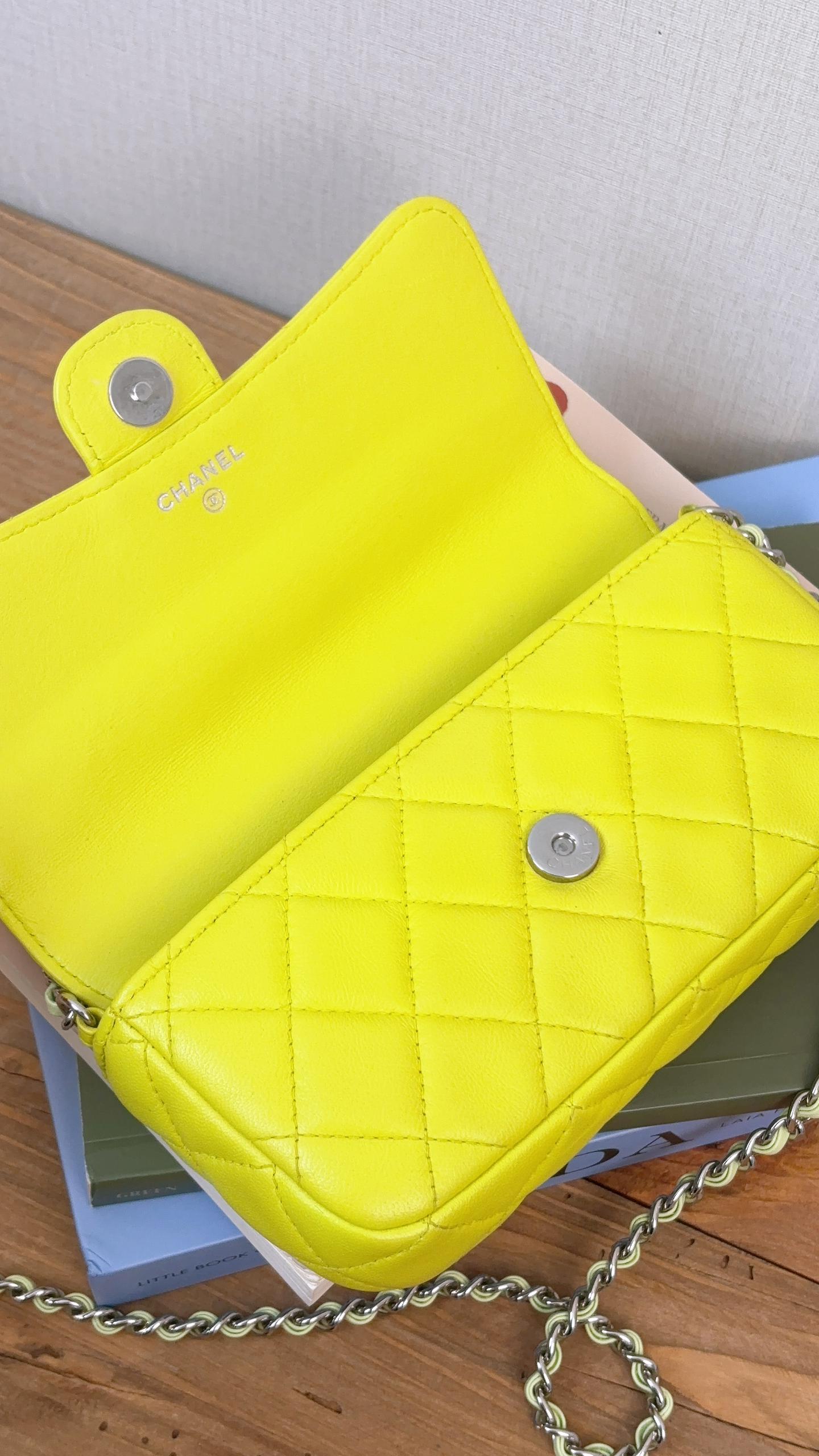 Chanel Neon Green Lambskin Phone Holder with Chain (SHW)