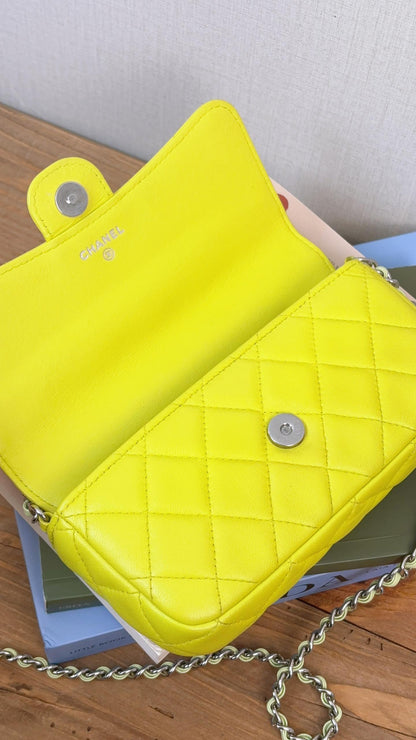 Chanel Neon Green Lambskin Phone Holder with Chain (SHW)