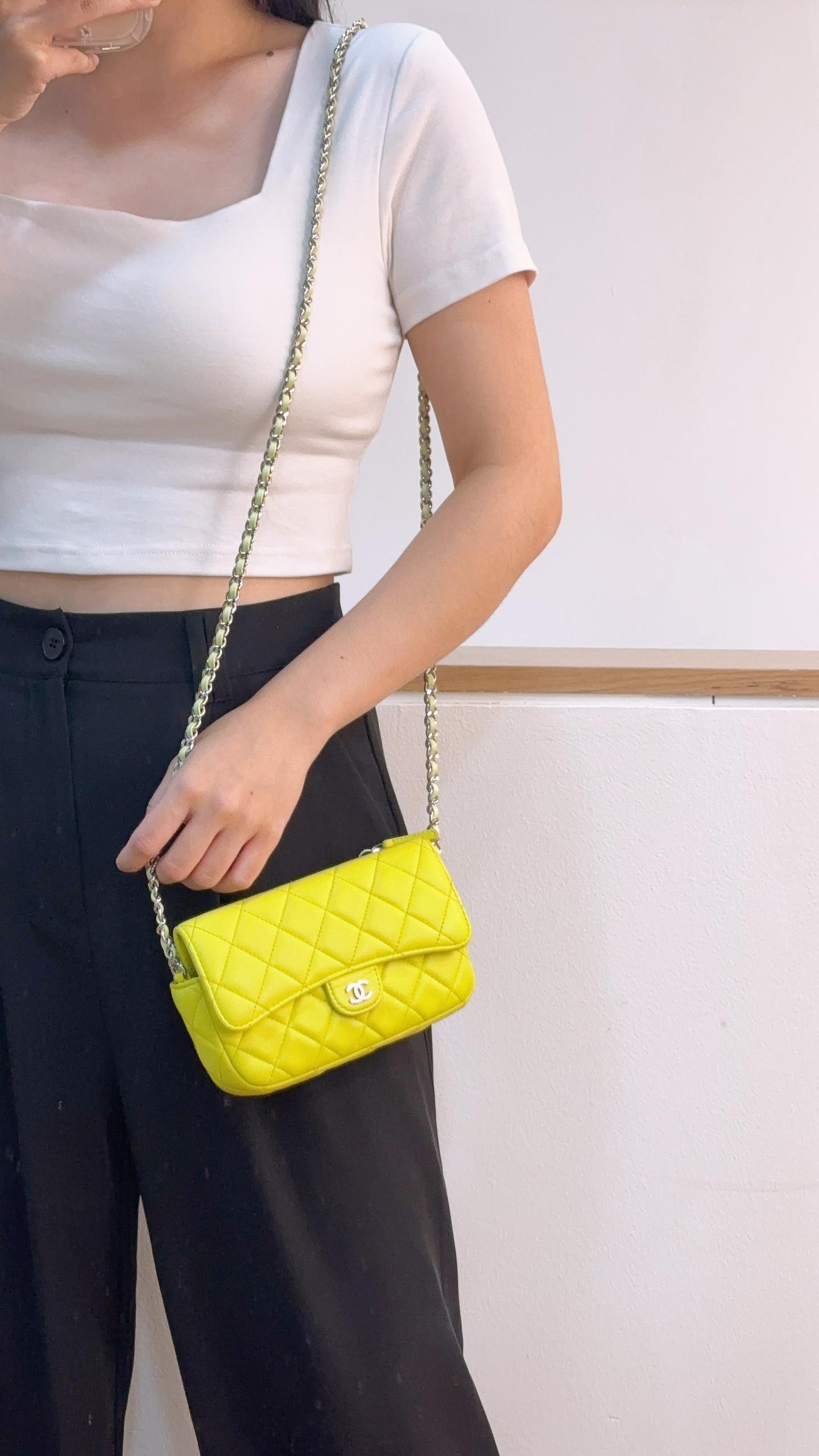 Chanel Neon Green Lambskin Phone Holder with Chain (SHW)