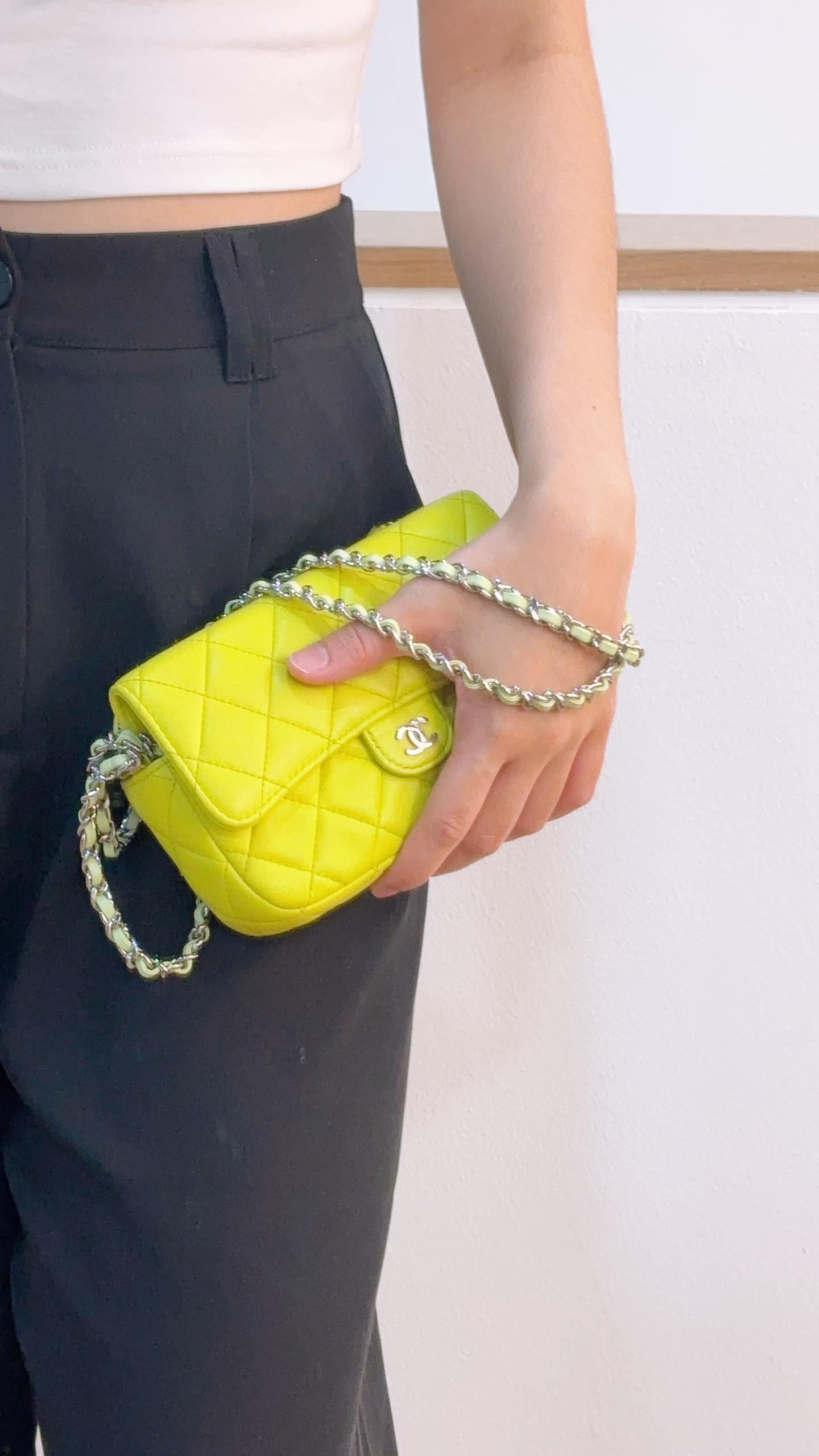 Chanel Neon Green Lambskin Phone Holder with Chain (SHW)