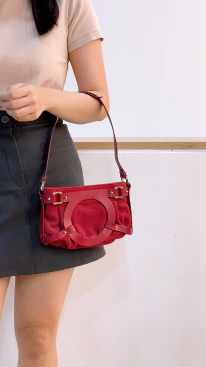 Salvatore Ferragamo Red Suede & Leather Shoulder Bag
