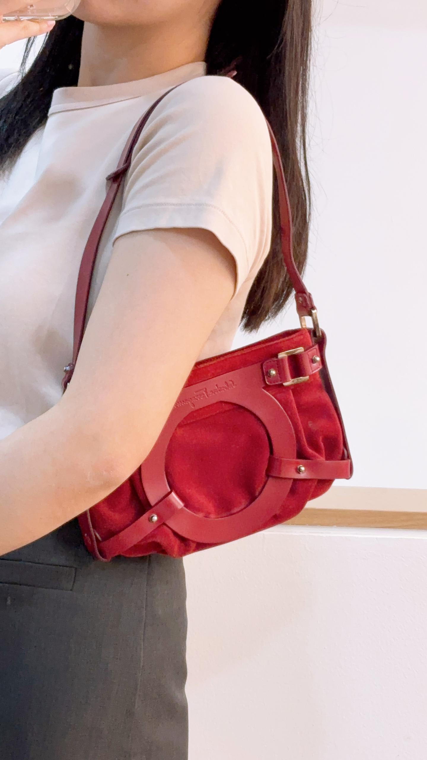 Salvatore Ferragamo Red Suede & Leather Shoulder Bag