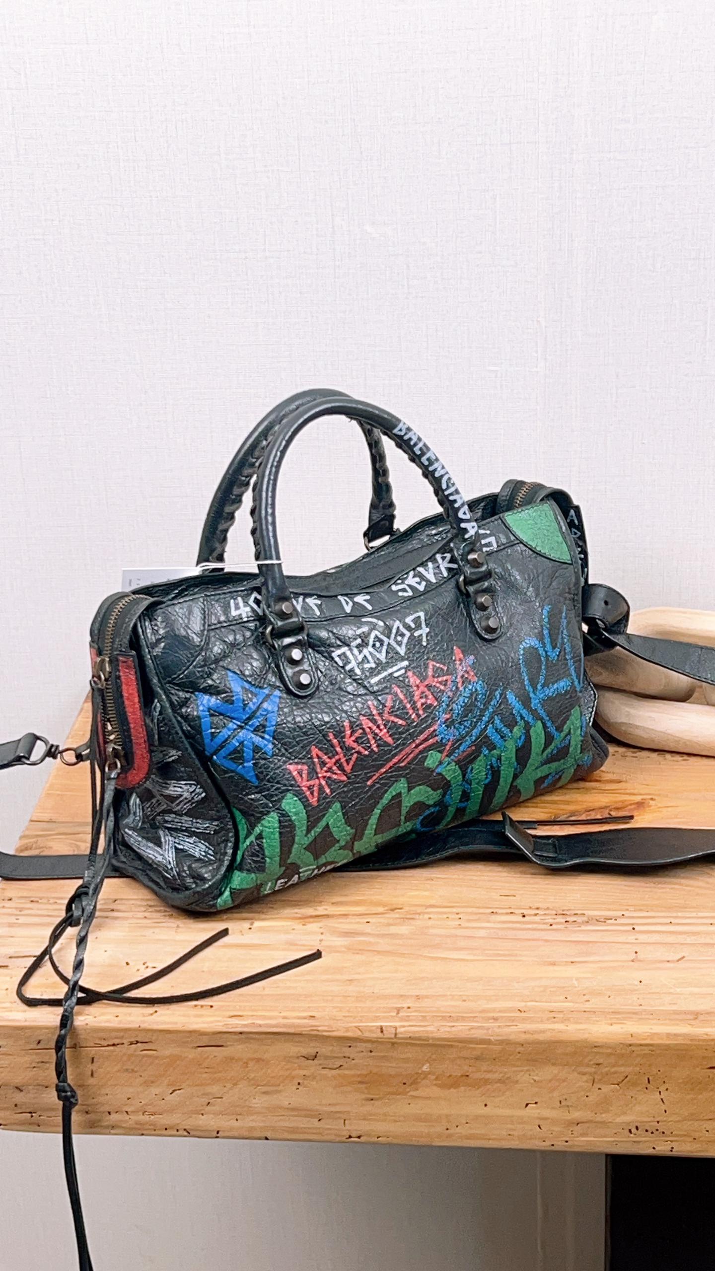 Balenciaga Black Graffiti Small City Bag