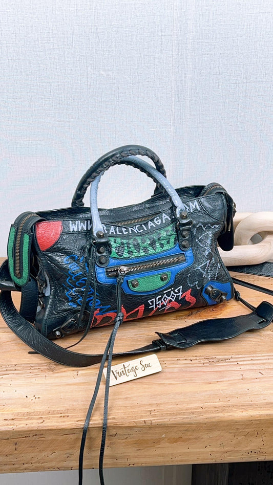 Balenciaga Black Graffiti Small City Bag