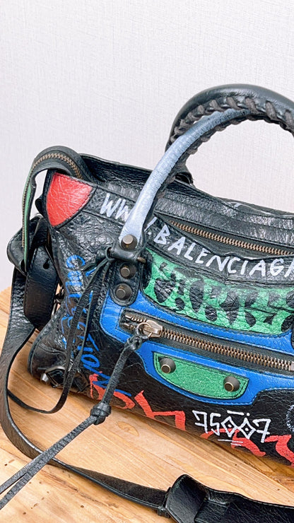 Balenciaga Black Graffiti Small City Bag
