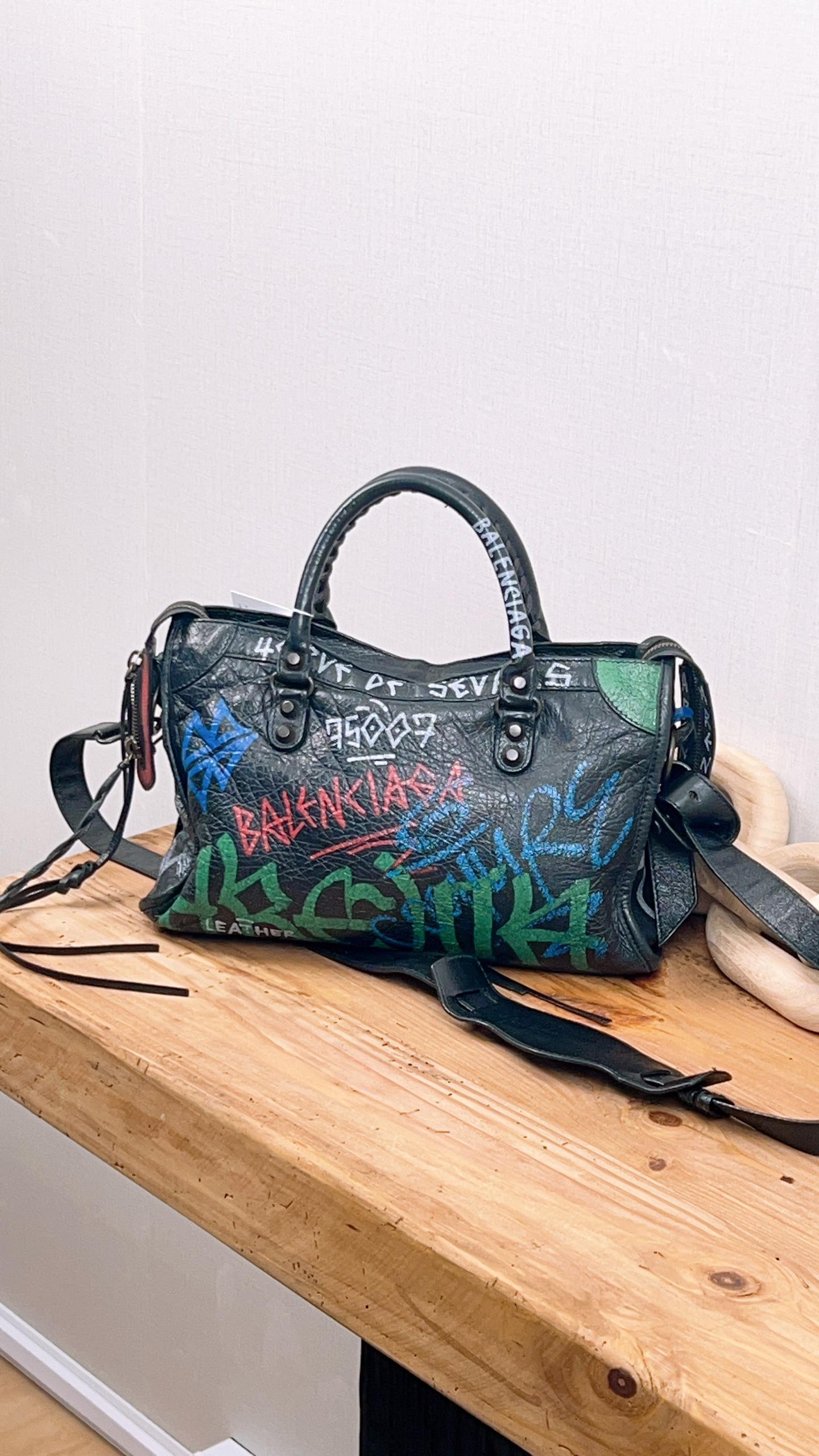 Balenciaga Black Graffiti Small City Bag