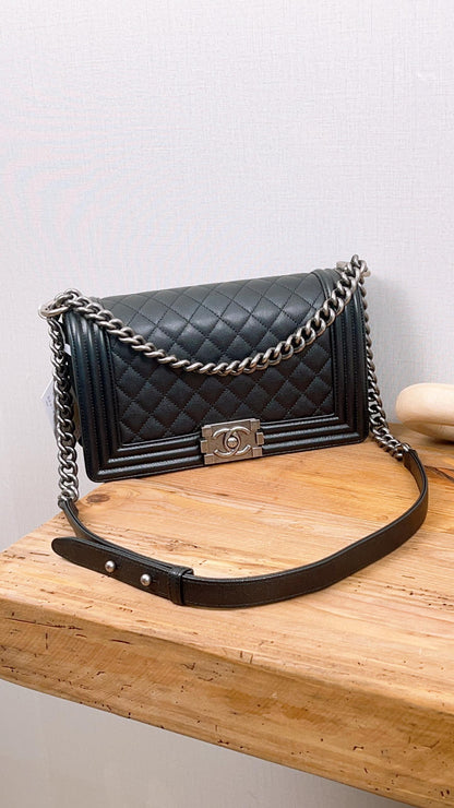 Chanel Black Caviar Old Medium Boy (RHW)