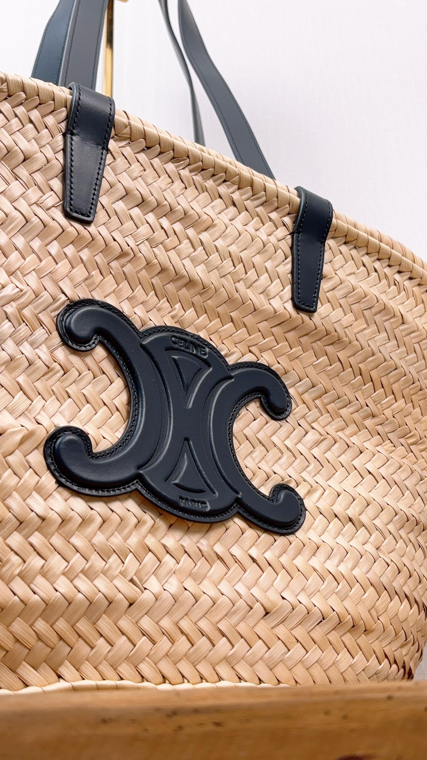 Celine Navy Raffia Triomphe Medium Panier Basket