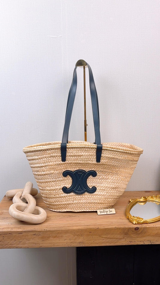 Celine Navy Raffia Triomphe Medium Panier Basket