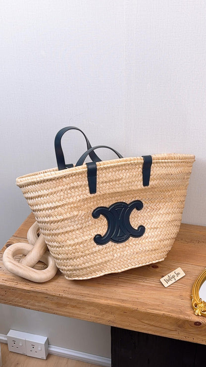 Celine Navy Raffia Triomphe Medium Panier Basket