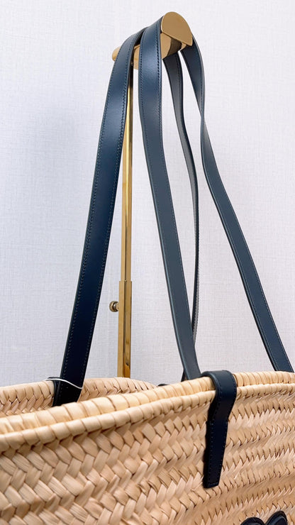 Celine Navy Raffia Triomphe Medium Panier Basket