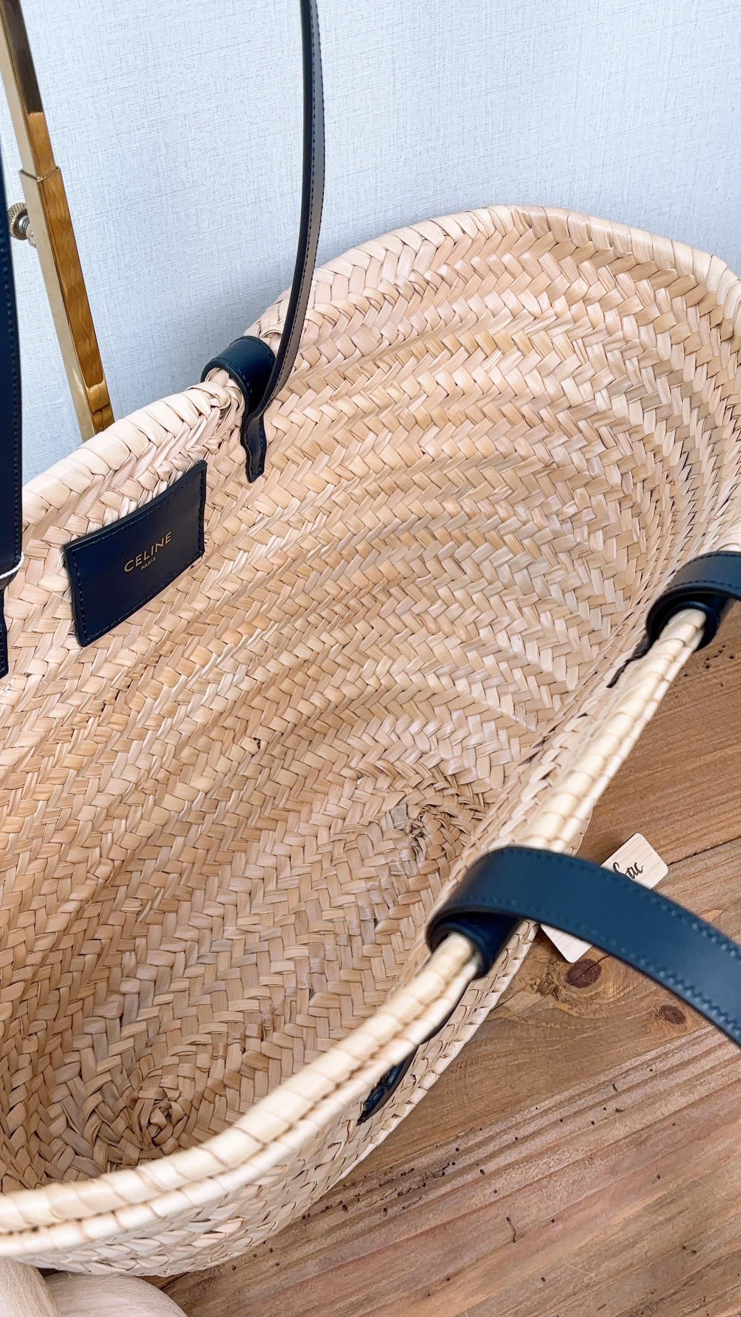 Celine Navy Raffia Triomphe Medium Panier Basket