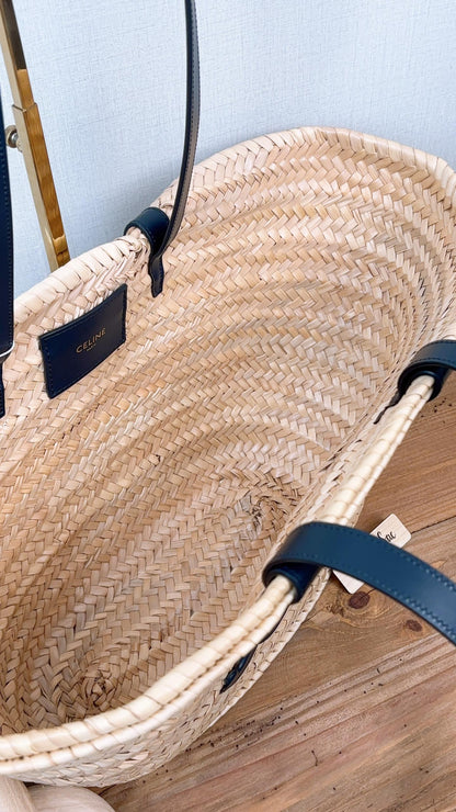 Celine Navy Raffia Triomphe Medium Panier Basket