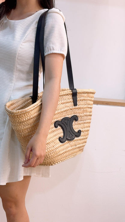 Celine Navy Raffia Triomphe Medium Panier Basket