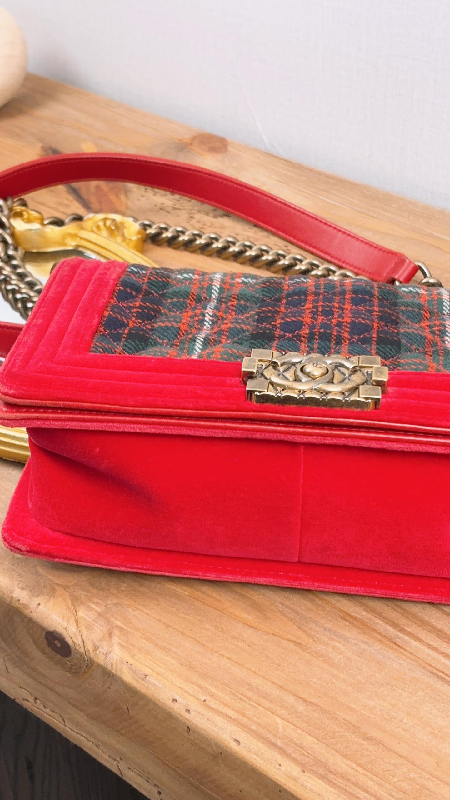 Chanel Red Velvet Plaid Paris-Edinburg Old Medium Boy (AGHW)