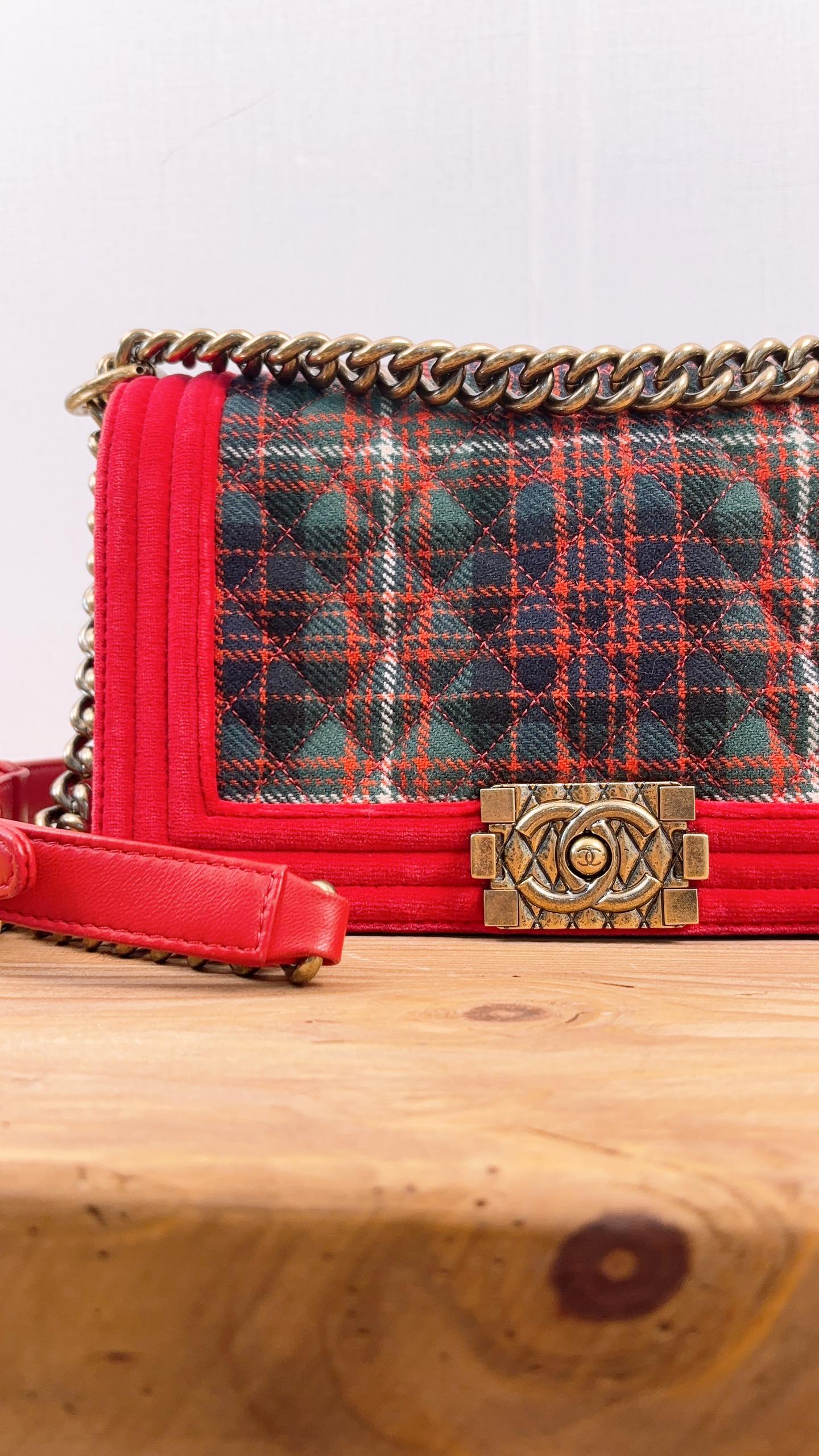 Chanel Red Velvet Plaid Paris-Edinburg Old Medium Boy (AGHW)