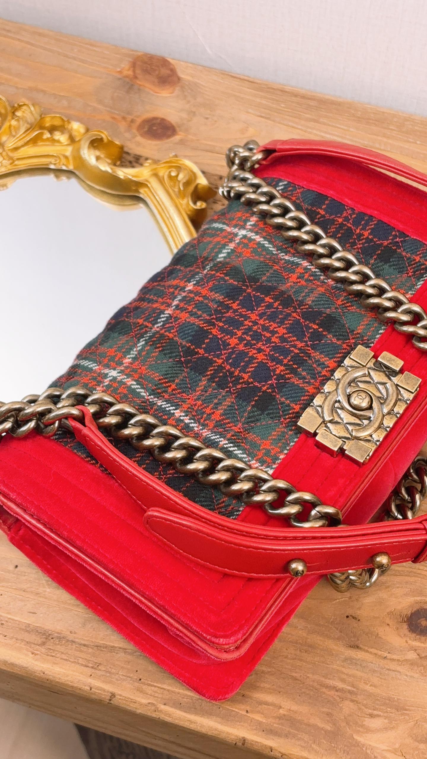Chanel Red Velvet Plaid Paris-Edinburg Old Medium Boy (AGHW)