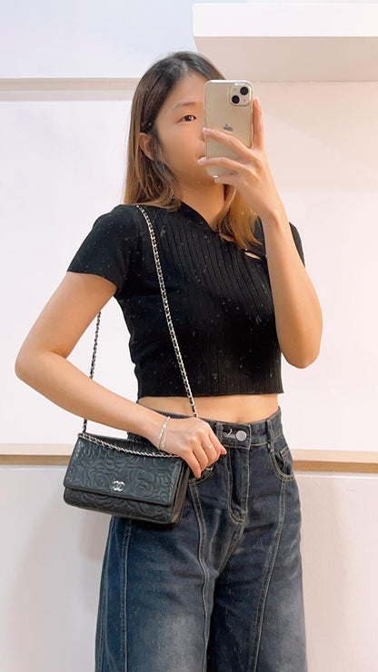 Chanel Black Lambskin Camellia WOC (SHW)