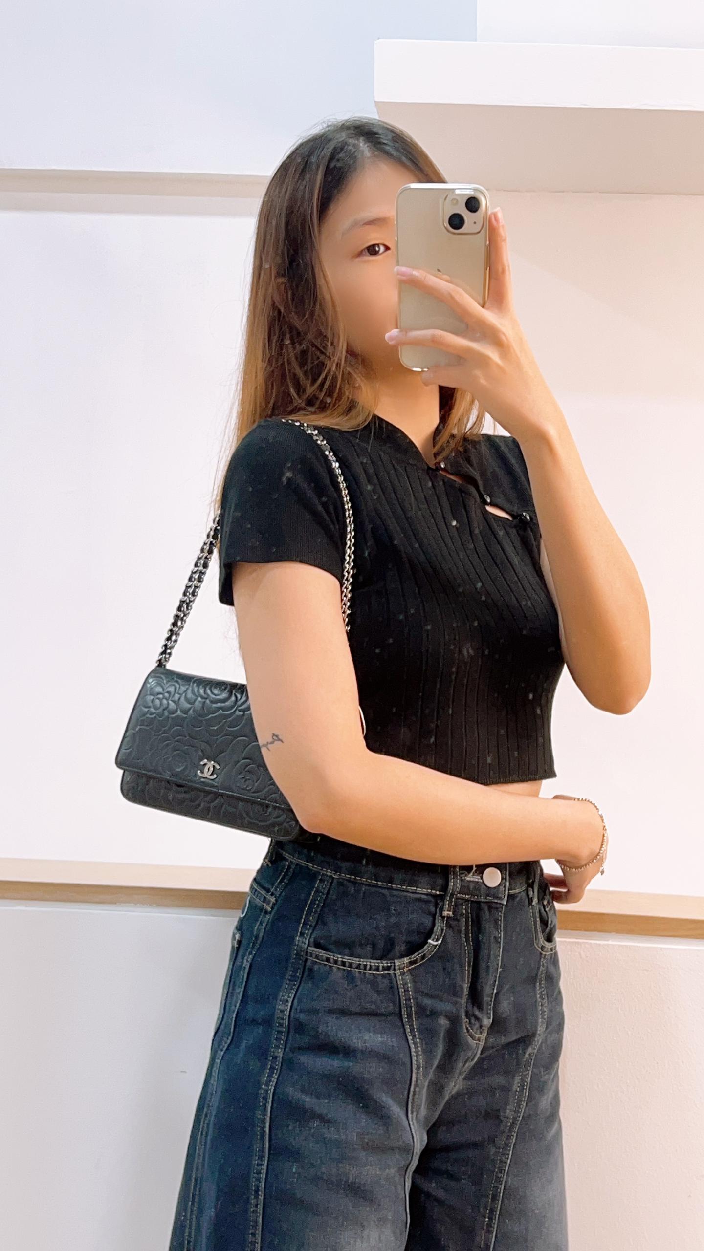 Chanel Black Lambskin Camellia WOC (SHW)